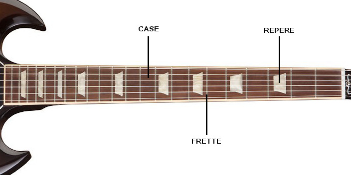 La coupe détaillée d'une guitare électrique : tête, manche, corps